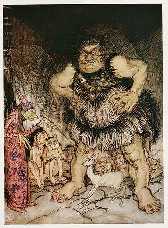 巨人加里甘图亚和邪恶的老魔术师把公爵的女儿变成了一只白色的鹿`The giant Galligantua and the wicked old magician transform the duke’s daughter into a white hind (1927) by Arthur Rackham