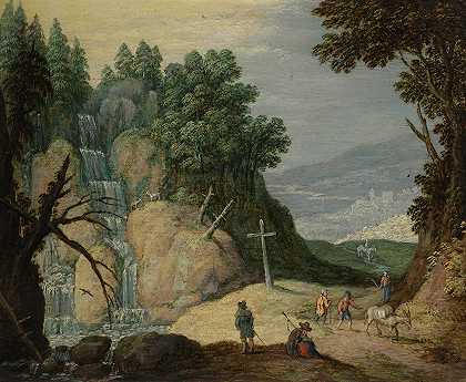 一片岩石地貌，有瀑布，旅行者在小路上`A Rocky Landscape With A Waterfall And Travellers On A Path by Maerten Ryckaert