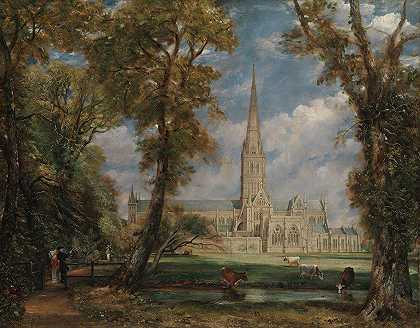 索尔兹伯里大教堂从主教s场地`Salisbury Cathedral from the Bishops Grounds (ca. 1825) by John Constable