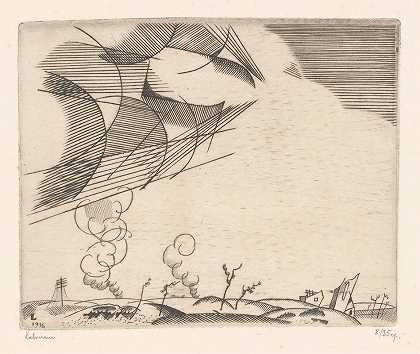 烟雾缭绕的风景`Landschap met rookpluimen (1916) by Jean Emile Laboureur