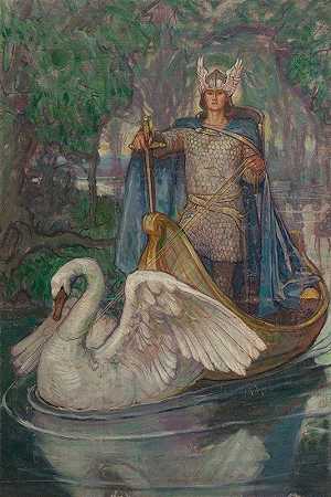 洛亨格林，天鹅骑士书封面`Lohengrin, Knight of the Swan book cover (c. 1910) by Violet Oakley