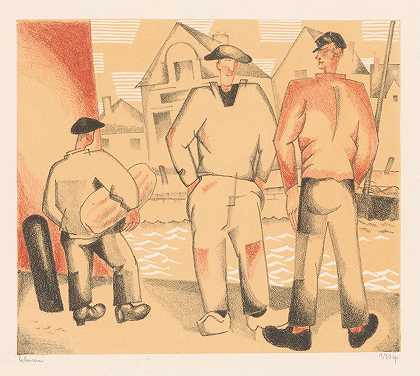 码头上有三个渔夫`Drie vissers aan de kade (1924) by Jean Emile Laboureur