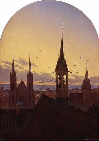 晨光中的德国古城`Morning peal (Old German city in the morning light) (circa 1840) by Carl Gustav Carus