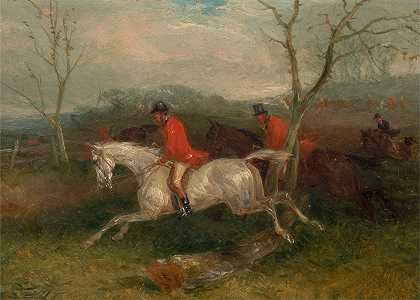 猎狐来到篱笆前（大哭）`Foxhunting; Coming to a Fence (Full Cry) (1863) by William J. Shayer