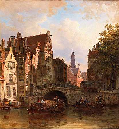阿姆斯特丹的一幕`Scene in Amsterdam by Elias Pieter van Bommel