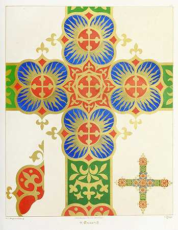 代表正面或法衣的十字架，有五个十字架、巴约恩和王冠。`A Cross for a Frontal or Vestment, with Five Crosses, Bayonne and Crowns. (1846) by Augustus Pugin