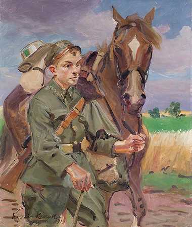 骑着马的士兵`A Soldier with a Horse (1919) by Wojciech Kossak