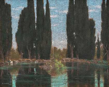 法尔科涅利别墅的柏树池塘`Der Zypressenteich in der Villa Falconieri (1909) by Gerolamo Cairati