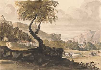有村庄和骑手的山景`Hilly Scene with Village and Horseman by Peter Tillemans