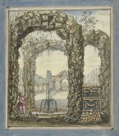 设计一个带有喷泉和花园景观的石拱门的房间`Ontwerp voor een kamerbeschildering met stenen bogen met een fontein en zicht op een tuin (1677 ~ 1755) by Elias van Nijmegen