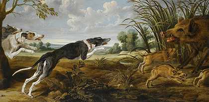 三只猎犬惊动了一头野猪和它的幼崽`An Extensive Landscape With Three Hounds Surprising A Wild Boar And Its Young by Paul de Vos