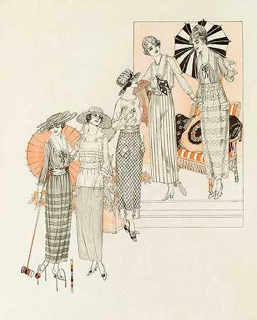 褶裥和臀部卷边的裙子在头部和衬衫上方滑动`Tucked and Hip~hemmed Skirts slip~over~the~head and Vested blouse (1919)