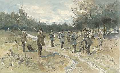 猎杀鲁斯代伊人后与一群猎人一起欣赏风景`Landschap met groep jagers na de jacht op de Leusderhei (1864 ~ 1936) by Jan van Essen