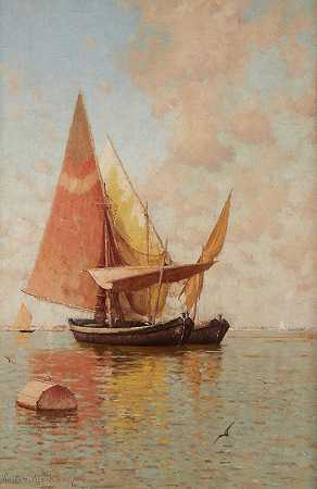 在威尼斯环礁湖航行`Sailing in a Venetian Lagoon by Walter Blackman