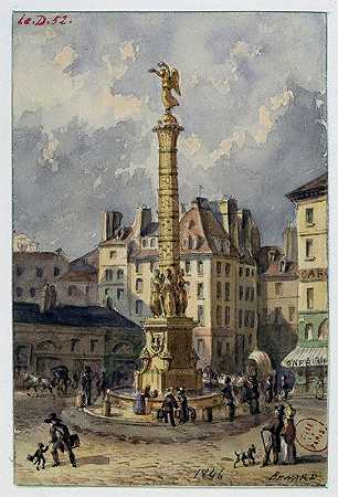 沙特尔广场和棕榈喷泉。`La place du Châtelet et la fontaine des Palmiers. (1846) by Auguste-Sébastien Bénard