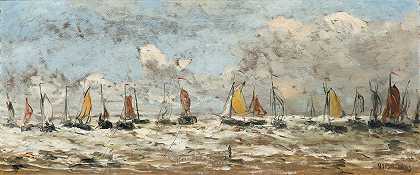 荷兰海岸附近的渔船队`Fishing Fleet Off The Dutch Coast by Hendrik Willem Mesdag