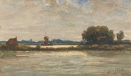 Sliedrecht河景，帆船`Riviergezicht bij Sliedrecht met zeilschip (1871) by Johannes Gijsbert Vogel