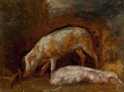 猪的研究`Study of Pigs (1850) by Alexandre-Gabriel Decamps