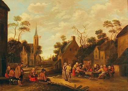 农家喜庆的乡村景象`Village scene with peasant festivities by Joost Cornelisz Droochsloot