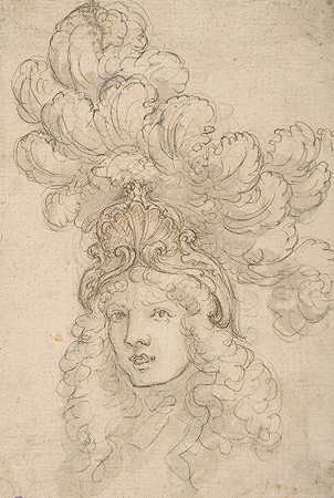 用贝壳和大羽毛装饰的头饰设计景观`View of a Design for a Headpiece Decorated with a Shell and Large Plume (1652–1725) by Giovanni Battista Foggini