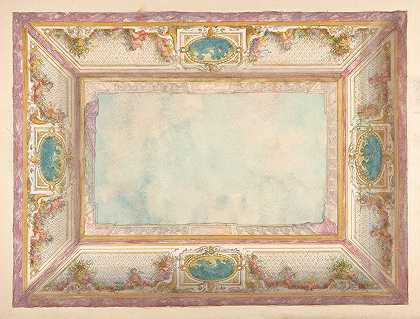 天花板设计采用trompe loeil栏杆和putti`Design for a ceiling with trompe loeil balustrade and putti (19th Century) by Jules-Edmond-Charles Lachaise