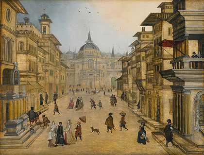 优雅的身影漫步在文艺复兴时期的小镇`Elegant figures strolling in a renaissance town by Louis de Caullery