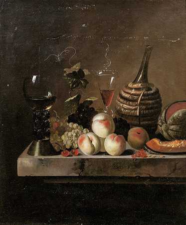 有水果的静物画，篮子里的酒瓶和一个大的罗默`Still Life With Fruit, A Wine Flask In A Basket And A Large Roemer by Jakob Bogdány