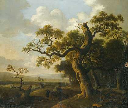 一辆马车在橡树旁的风景`Landscape With A Wagon Near An Oak Tree by Barend Appelman