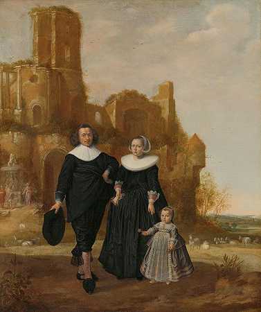 一对夫妇和他们的孩子在风景中的肖像`Portrait of a Couple with their Child in a Landscape (1620 ~ 1656) by Herman Meynderts Doncker