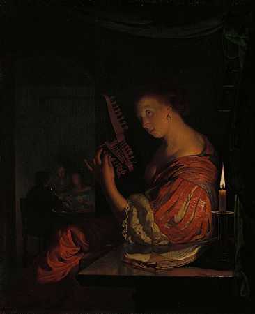 投票给teorbe的女人`Vrouw die een teorbe stemt (1665) by Frans van Mieris the Elder