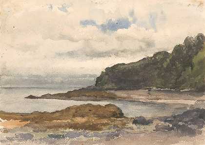 湖岸树木繁茂`Beboste kust van een meer (1845 ~ 1925) by Julius Jacobus van de Sande Bakhuyzen
