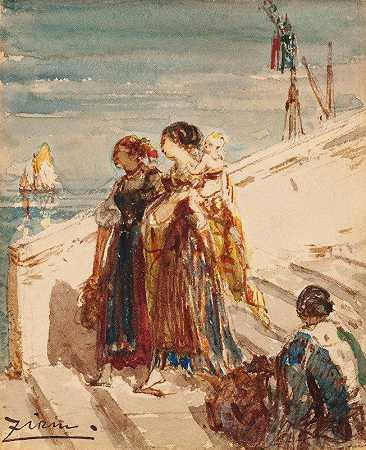 威尼斯稻草桥上的年轻女子`Jeunes femmes sur le pont de la Paille à Venise by Félix Ziem