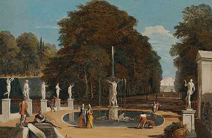 在喷泉旁的公园里，人物在交谈`A Landscape With Figures Conversing In A Park Beside A Fountain by Marco Ricci