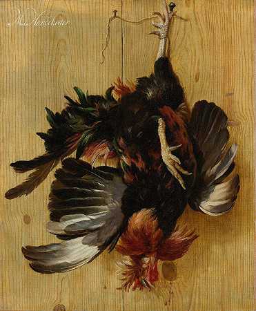 死公鸡挂在钉子上`Dead Cock Hanging from a Nail (c. 1670) by Melchior d;Hondecoeter
