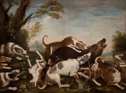 狩猎场景（狗攻击野猪）`Hunting Scene (Dogs Attacking Wild Boar) (18th Century) by Joseph Anton Harzath