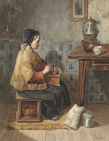 坐在炉子上的女孩`Meisje zittend op een stoof (1838 ~ 1899) by Joseph de Groot
