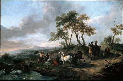 狩猎队的停止`Halt of a Hunting Party by Philips Wouwerman