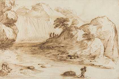 瀑布景观`Landscape with a Waterfall by Guercino