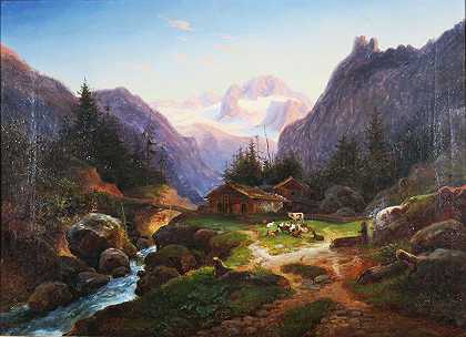 阿尔卑斯草原上的田园诗，可以看到达克斯坦冰川`Idylle auf der Alm mit Blick auf den Dachsteingletscher by Joseph Heicke