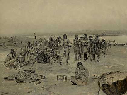 刘易斯和克拉克会见曼丹人（刘易斯和克拉克探险队）`Lewis And Clark Meeting The Mandans (Lewis And Clark Expedition) (1897) by Charles Marion Russell