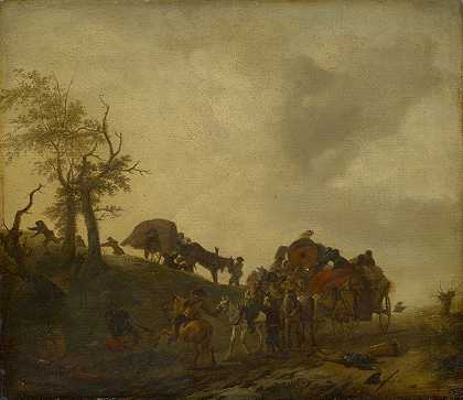 对旅行者的袭击`An Assault upon Travellers (1643) by Philips Wouwerman