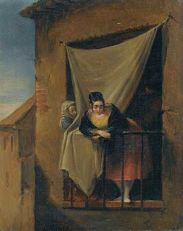 阳台上的女人`A Woman At A Balcony by Leonardo Alenza y Nieto