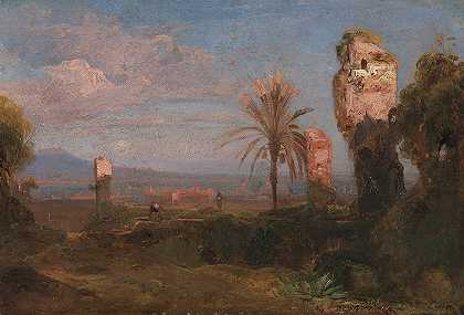 有废墟和棕榈树的南方景观`Südliche Landschaft mit Ruinen und Palmen (Ca. 1830) by Friedrich August Elsasser