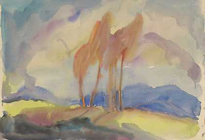 阳光普照的草地上的秋桦树`Autumn Birch Trees in a Sunlit Meadow (1932–1934) by Zolo Palugyay