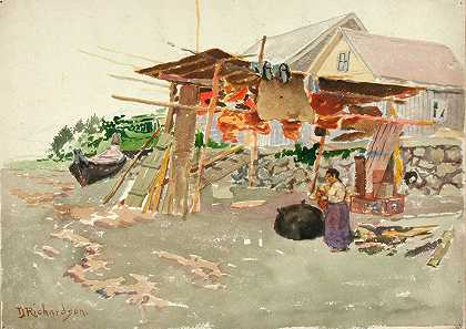阿拉斯加印第安村鲑鱼烘干店`Salmon Drying, Indian Village, Alaska (ca. 1880~1914) by Theodore J. Richardson