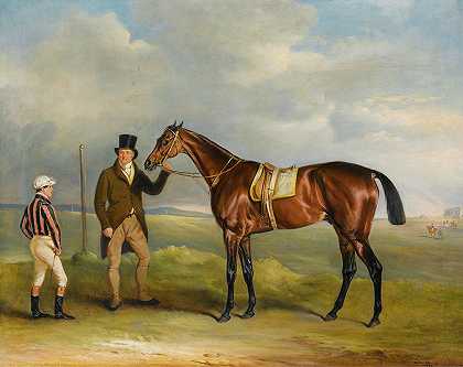 克利夫兰侯爵s Chorister，1831年圣莱格赛马会的冠军，由他的教练约翰·史密斯和骑师约翰·巴塞姆·戴在唐卡斯特举办`The Marquis Of Clevelands Chorister, Winner Of The 1831 St. Leger, Held By His Trainer John Smith, With Jockey John Bartham Day, At Doncaster (1831) by John Ferneley