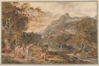 前景中是年轻的乡村妇女为牧羊人跳舞的维耶特里`View of Vietri with Young Country Women Dancing for Shepherds in the Foreground (1800) by Joseph Anton Koch