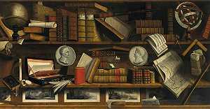 一位收藏家的作品让我们学习雕刻、绘画、信件和书籍`
A trompe l’oeil of a collectors study with engravings, drawings, letters and books (1707)  by Charles Bouillon