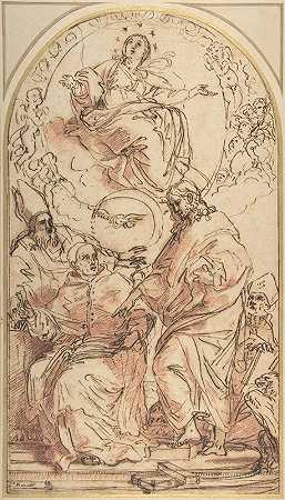 圣母玛利亚与教会的四位医生一起研究关于圣母玛利亚受孕的争议`The Virgin Immaculate with the Four Doctors of the Church, Study for the Dispute over the Immaculate Conception (1625–1713) by Carlo Maratti