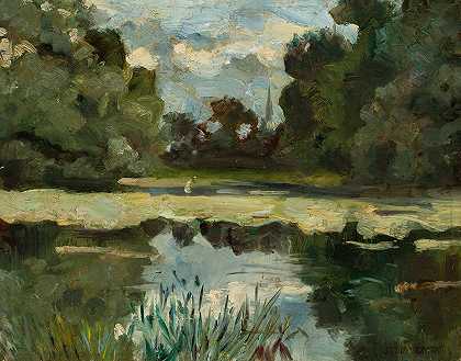 带池塘的公园景观`Park landscape with a pond by Jan Stanislawski